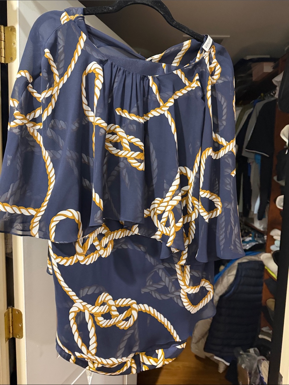 Zara Navy and Gold Rope-Print Asymmetrical Dress